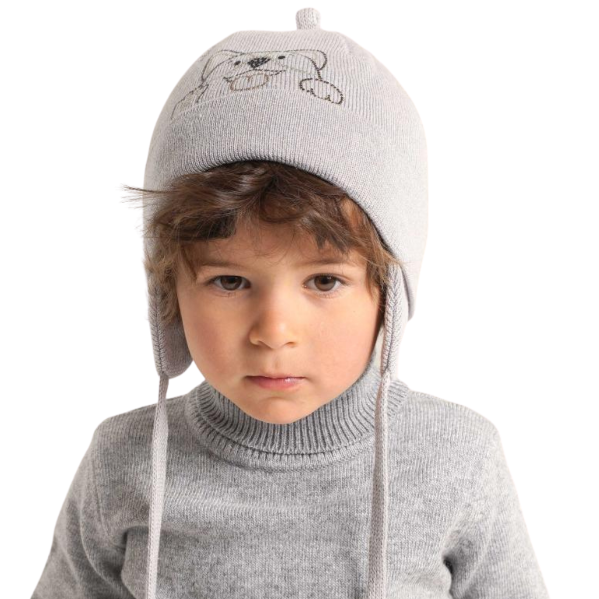 90903 Boys’ Cotton Knit Earflap Hat – Puppy Embroidery Design | 100% Cotton Inside & Out | Ages 18-36 M (50–52 cm) | Lightweight Spring/Fall Beanie with Ties