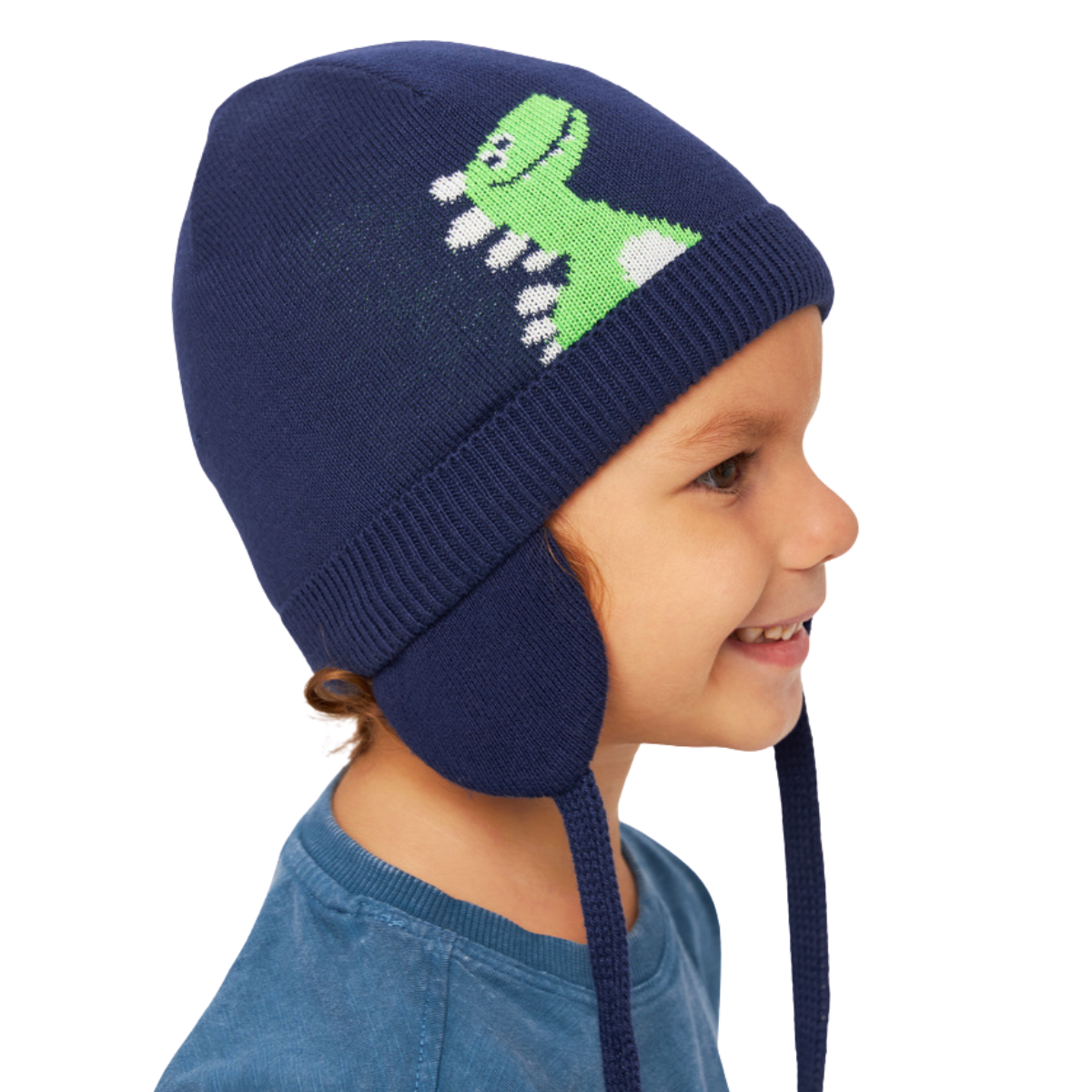 10705 Boys’ Cotton Knit Earflap Hat – Green Dinosaur Knit Design | 100% Cotton Inside & Out | Ages 18-36 M(50-52) | Lightweight Spring/Fall Beanie with Ties