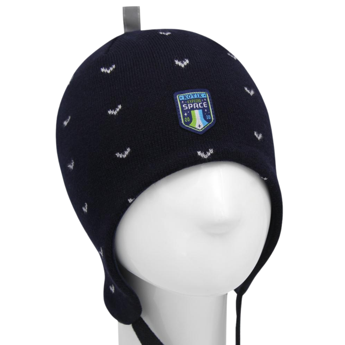 10597 Boys’ Cotton Knit Earflap Hat – Space Explorer Badge Design | 100% Cotton Inside & Out | Ages 18-36 M (50–52 cm) | Lightweight Spring/Fall Beanie with Ties