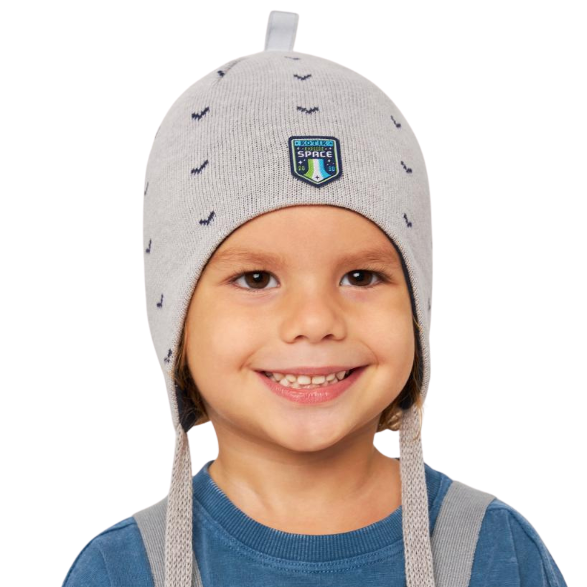 10597 Boys’ Cotton Knit Earflap Hat – Space Explorer Badge Design | 100% Cotton Inside & Out | Ages 18-36 M (50–52 cm) | Lightweight Spring/Fall Beanie with Ties