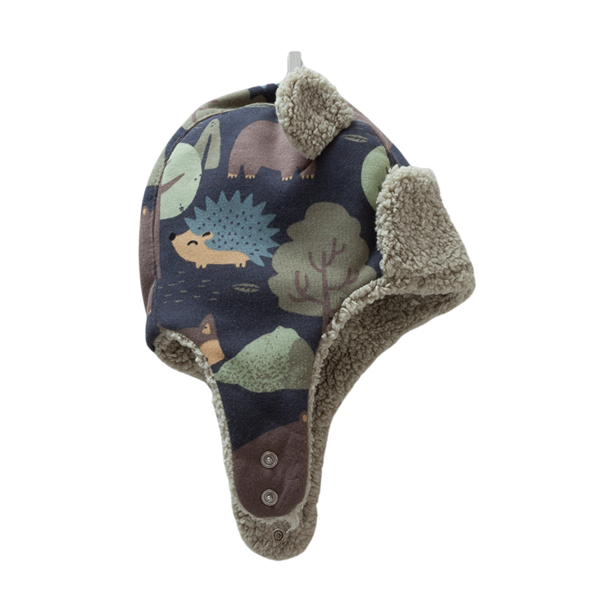 8268 Baby Boys’ Cotton Trapper Hat with Bear Ears or Forest Print – 100% Cotton Outer + Soft Fleece Lining | Ages 3–18M | Lightweight Earflap Hat for Spring/Fall