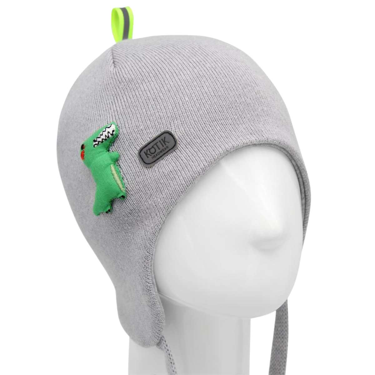 10810 Boys’ Cotton Knit Earflap Hat – 100% Cotton | Fun Green Dinosaur Patch | Lightweight Beanie with Ties for Ages 9-18 M (48-50) | Ideal for Spring & Fall