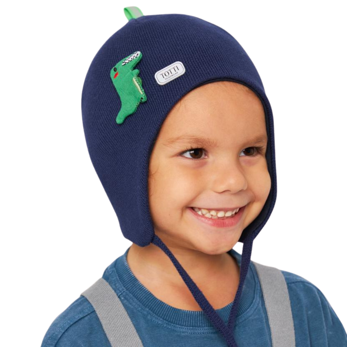 10810 Boys’ Cotton Knit Earflap Hat – 100% Cotton | Fun Green Dinosaur Patch | Lightweight Beanie with Ties for Ages 9-18 M (48-50) | Ideal for Spring & Fall