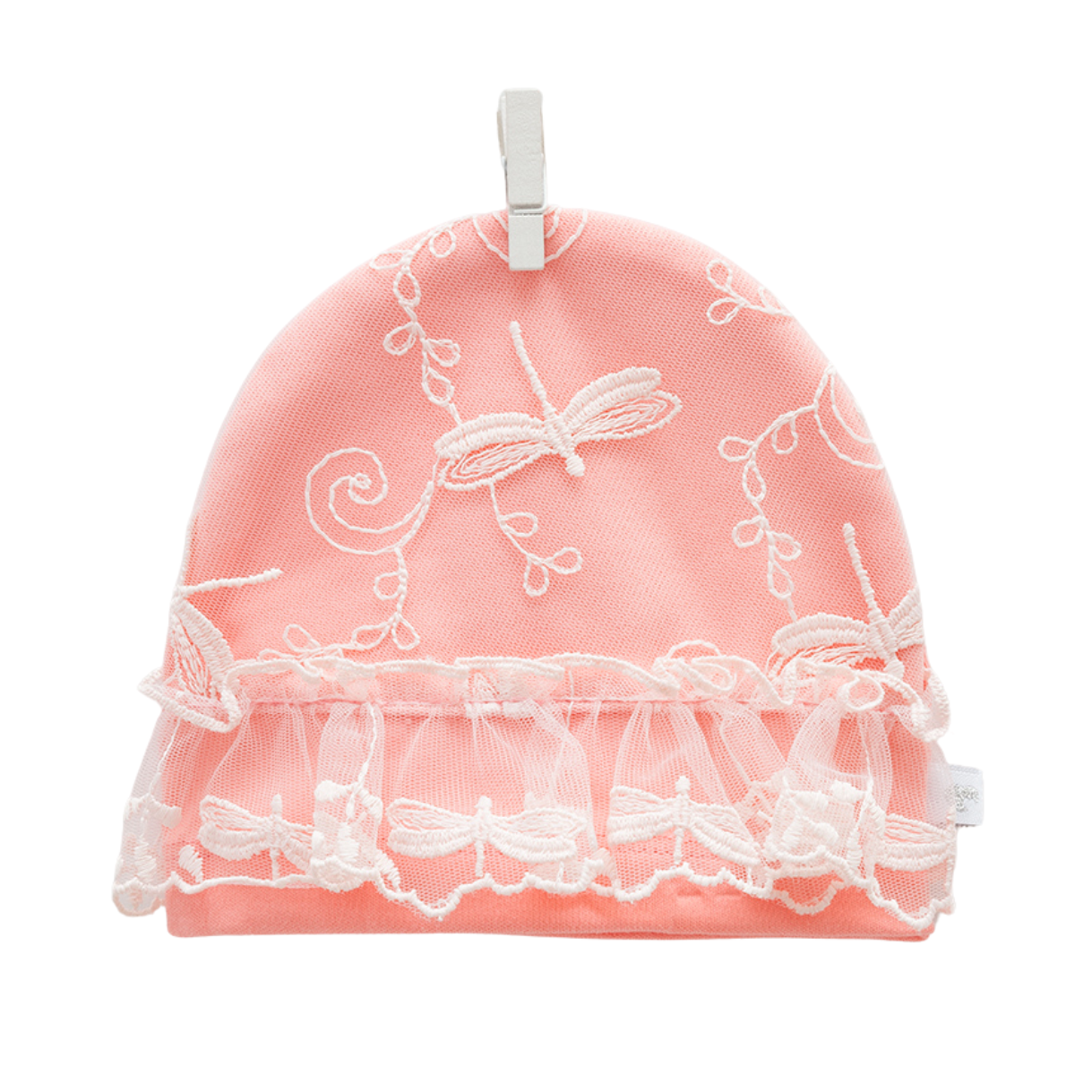 6838 Lightweight Cotton Baby Hat for Girls โ Dragonfly Lace Overlay | Single Layer | 100% Cotton | Sizes 0โ3 Months | Caramell (Turkey)