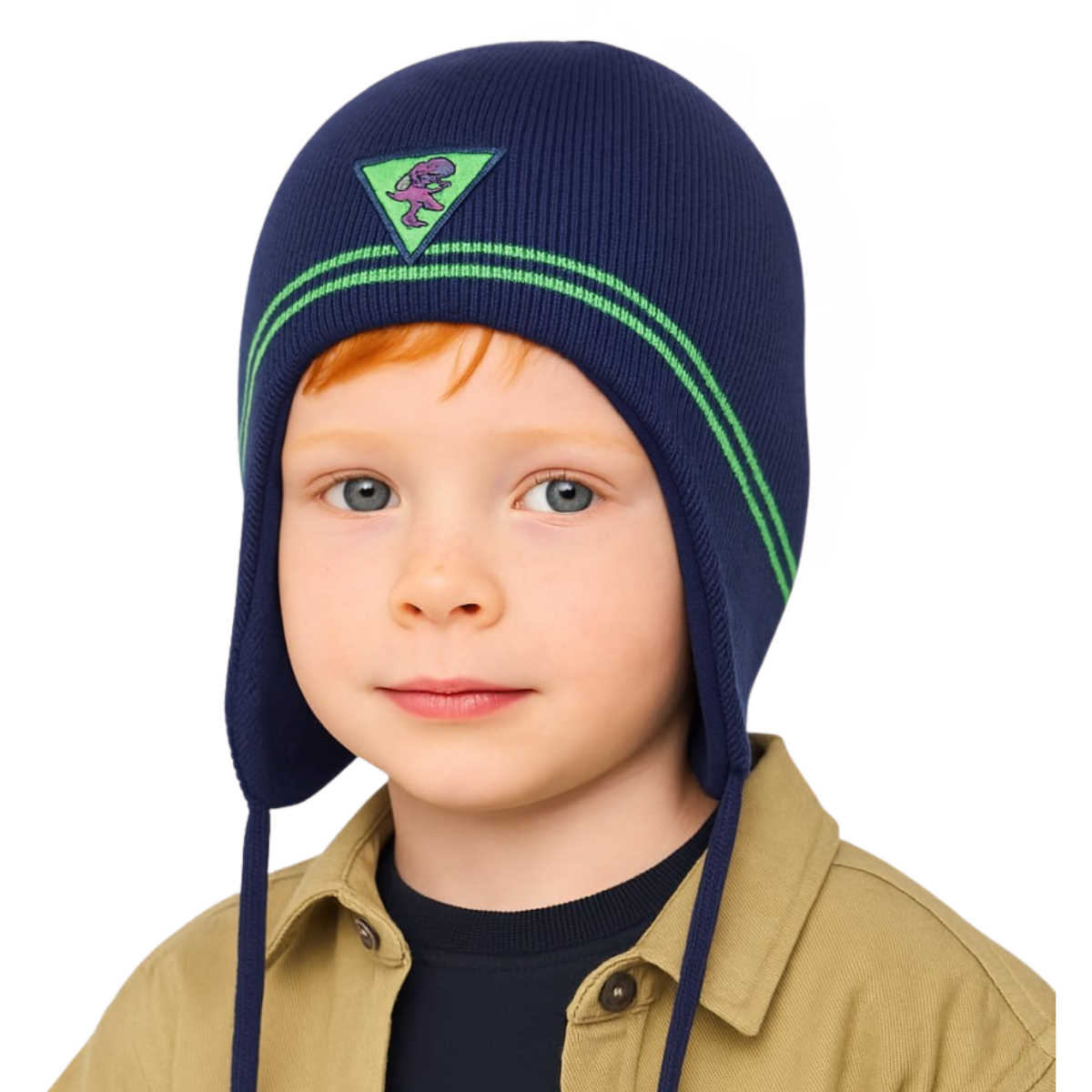 10702 Boys’ Cotton Knit Hat with Earflaps & Ties – Green Stripe & Cartoon Patch | 100% Cotton Lining | Ages 3-5 Y (52-54) | Lightweight Beanie for Spring/Fall