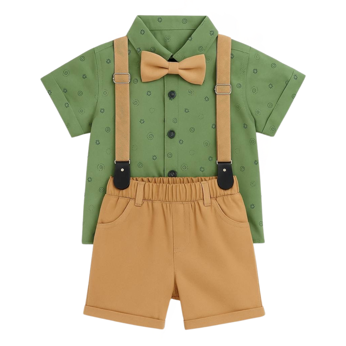 4154 Toddler Boy Dressy Outfit Set with Shirt, Shorts, Bow Tie & Suspenders – 100% Cotton Formal Clothes for Boys Ages 1–5 (86–104 cm) | POLLITO (Turkey)