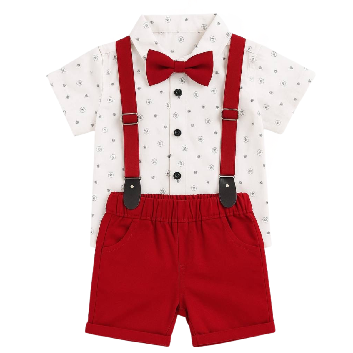 4154 Toddler Boy Dressy Outfit Set with Shirt, Shorts, Bow Tie & Suspenders – 100% Cotton Formal Clothes for Boys Ages 1–5 (86–104 cm) | POLLITO (Turkey)