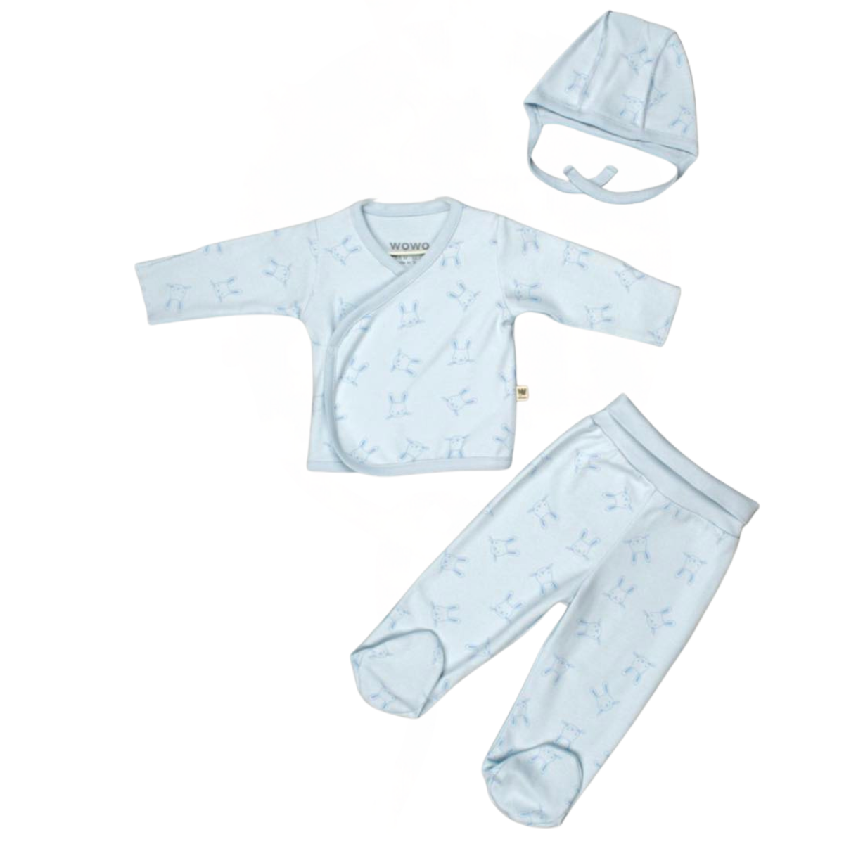 0015 Unisex Newborn 3-Piece Cotton Outfit Set – Kimono Shirt with Scratch Mittens, Footed Pants & Hat with External Seams | WOWO Turkey | Sizes 0–6 Months