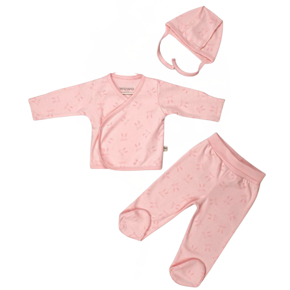 0015 Unisex Newborn 3-Piece Cotton Outfit Set – Kimono Shirt with Scratch Mittens, Footed Pants & Hat with External Seams | WOWO Turkey | Sizes 0–6 Months