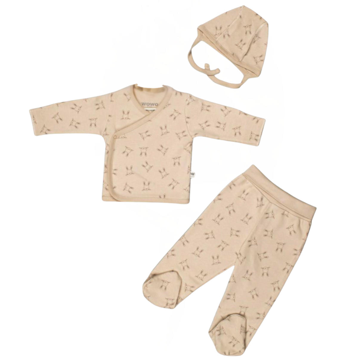 0015 Unisex Newborn 3-Piece Cotton Outfit Set – Kimono Shirt with Scratch Mittens, Footed Pants & Hat with External Seams | WOWO Turkey | Sizes 0–6 Months