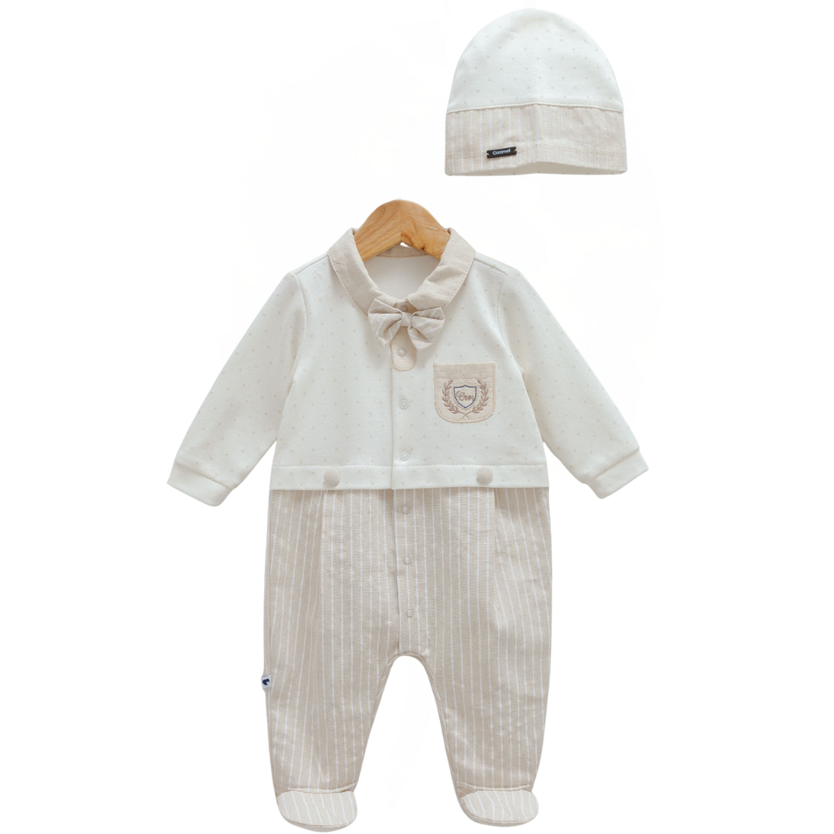 9043 Baby Boy Formal Romper with Faux Two-Piece Look and Bow Tie – 100% Cotton Newborn Coming Home Outfit with Hat | Caramell Turkey | Sizes 1–12 Months