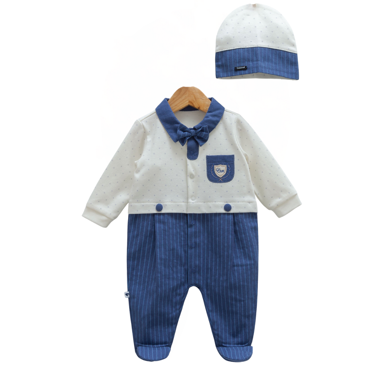 9043 Baby Boy Formal Romper with Faux Two-Piece Look and Bow Tie – 100% Cotton Newborn Coming Home Outfit with Hat | Caramell Turkey | Sizes 1–12 Months