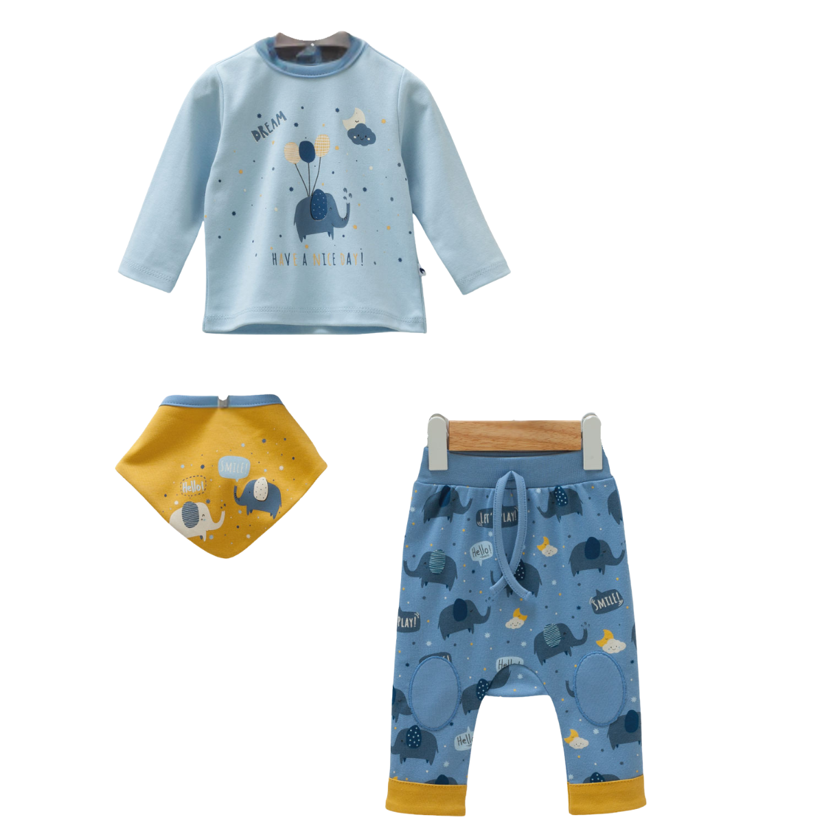 8561 3-Piece Baby Unisex Sleep Set – Long-Sleeve Top, Open-Foot Pants & Bandana | Playful Elephant & Cloud Print | 100% Cotton | Size 0-12 Months | Spring-Autumn | Turkey