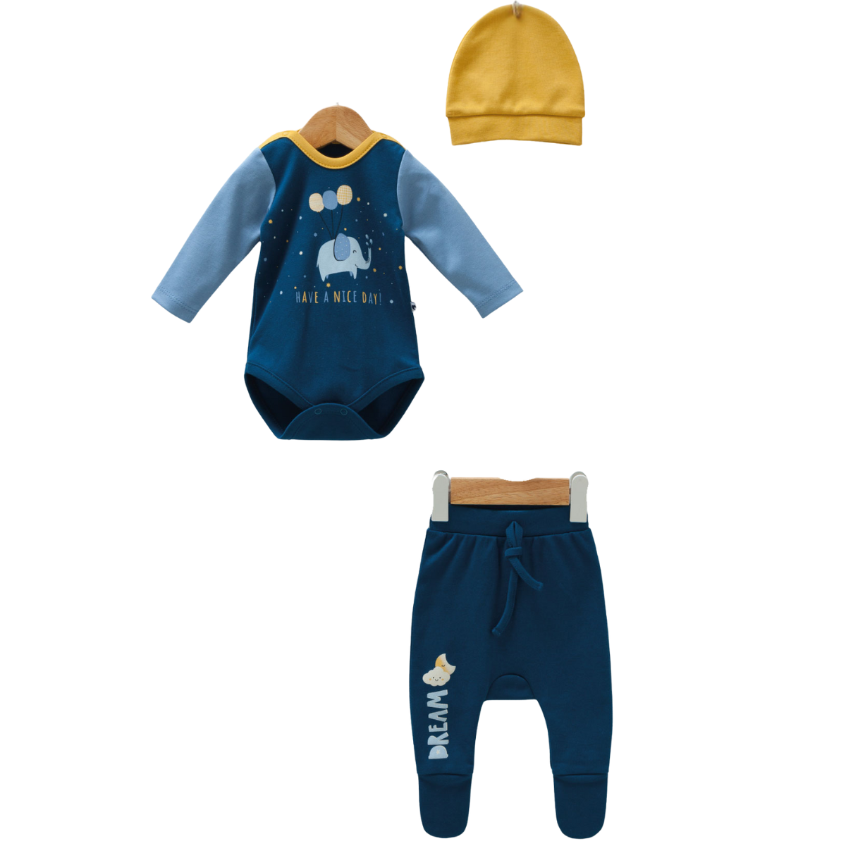 8563 3-Piece Newborn Sleep Set Unisex – Bodysuit (Long Sleeve), Footed Pants, and Hat | Elephant Dream Print | 100% Cotton | Size 0-6 Months | Spring-Autumn | Turkey