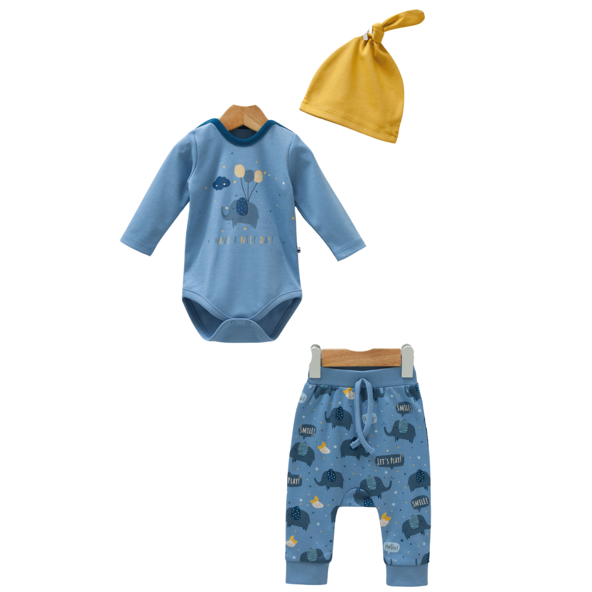 8565 3-Piece Sleep Set for Newborn Unisex – Long-Sleeve Bodysuit, Open-Foot Pants, and Knot Hat | Playful Elephant & Cloud Print | 100% Cotton | Size 0-9 Months | Turkey