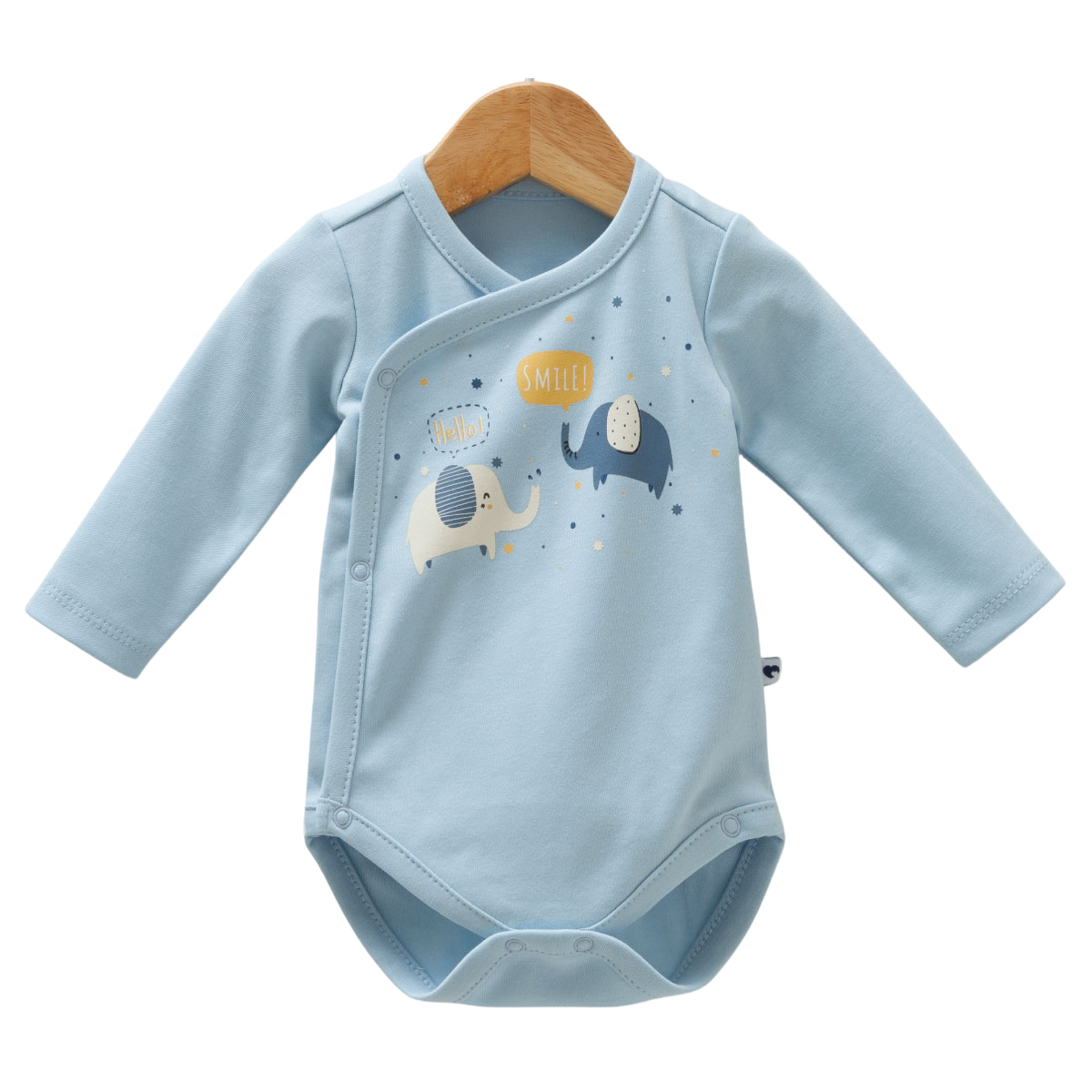 8567 Unisex Newborn Wrap-Around Bodysuit – 100% Cotton, Long-Sleeve with Snaps | Two Elephant Prints | 0-9 Months | Made in Turkey