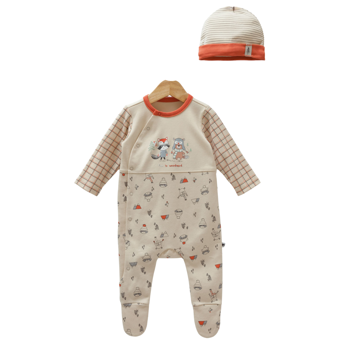 8596 Cozy 2-Piece Sleepsuit Set for Newborn Boys – Romper (Long Sleeve) + Hat | 100% Cotton | Spring-Autumn (0-9 Months) | Caramell (Turkey)