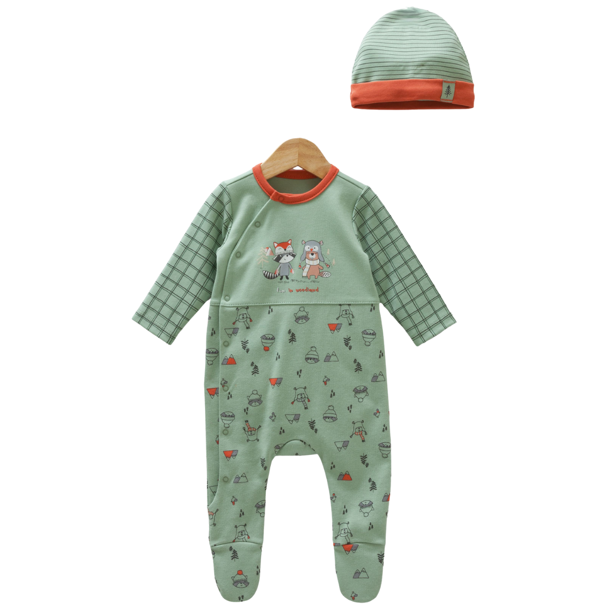 8596 Cozy 2-Piece Sleepsuit Set for Newborn Boys – Romper (Long Sleeve) + Hat | 100% Cotton | Spring-Autumn (0-9 Months) | Caramell (Turkey)