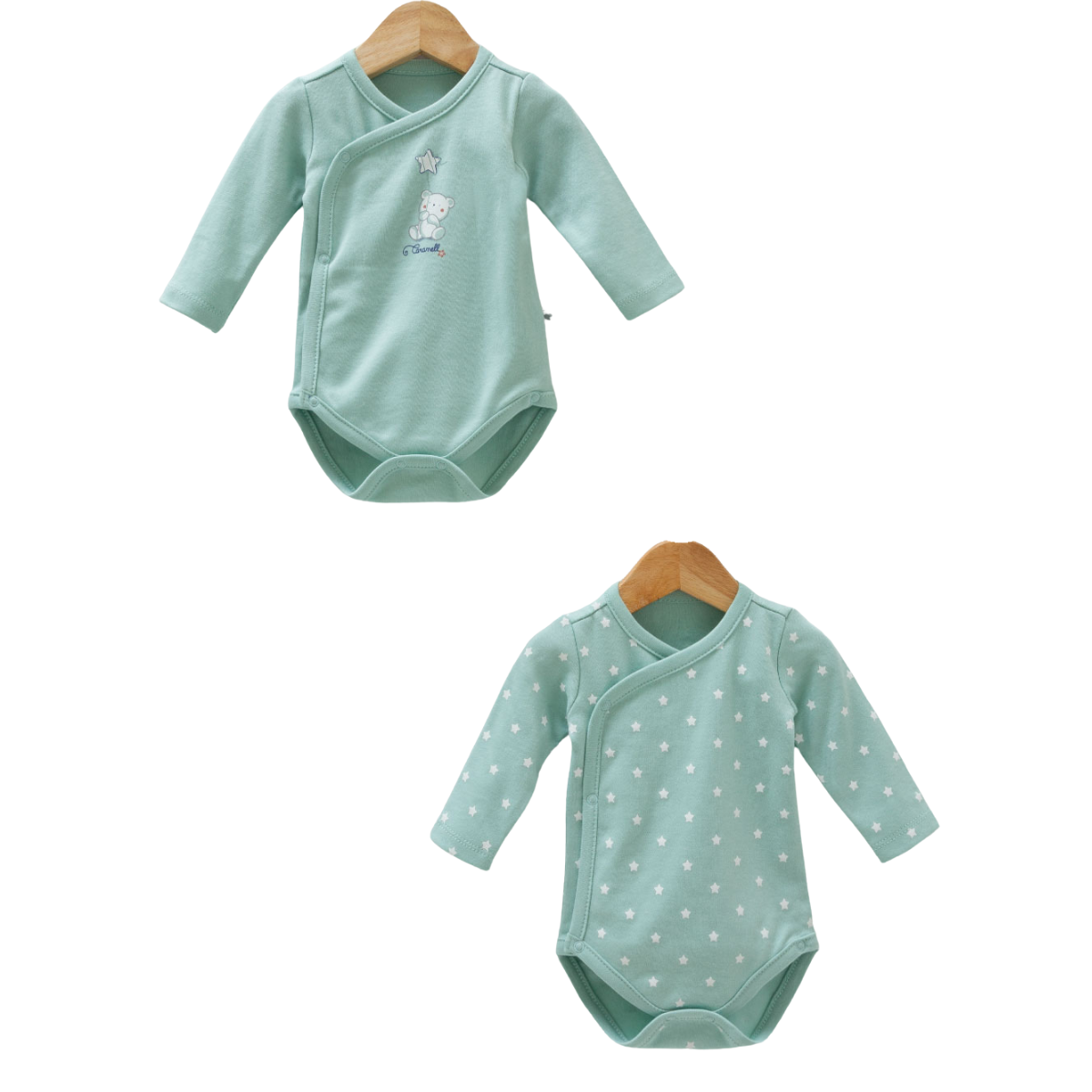 8730 Bodysuit for Newborn Boys (2-Piece) – Long-Sleeve, Side-Snap (Kimono Style)| 100% Medium-Weight Cotton | Print "Gentle Patterns: Bears and Stars" | 0-9 Months | Turkey