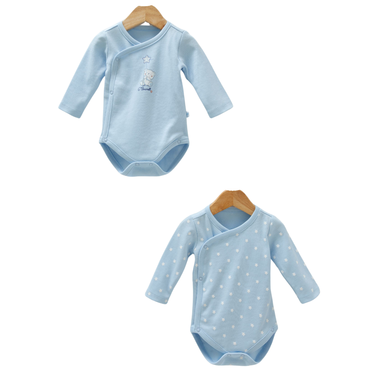 8730 Bodysuit for Newborn Boys (2-Piece) – Long-Sleeve, Side-Snap (Kimono Style)| 100% Medium-Weight Cotton | Print "Gentle Patterns: Bears and Stars" | 0-9 Months | Turkey