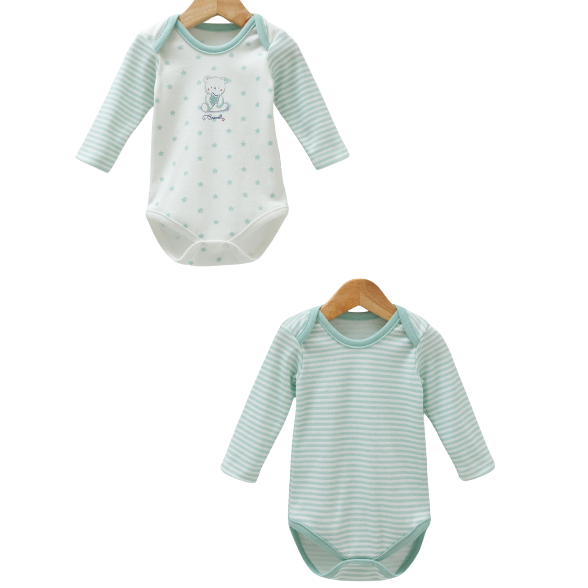 8731 Bodysuit for Newborn Boys (2-Piece) – Long-Sleeve, Easy-Wear Snaps | 100% Medium-Weight Cotton | Print "Gentle Patterns: Bears and Stripes" | 0-9 Months | Turkey