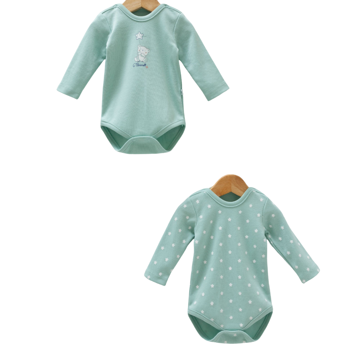 8732 Bodysuit for Newborn Boys (2-Piece) – Long-Sleeve, Easy-Wear Snaps | 100% Medium-Weight Cotton | Print "Gentle Patterns: Bears and Stars" | 0-9 Months | Turkey