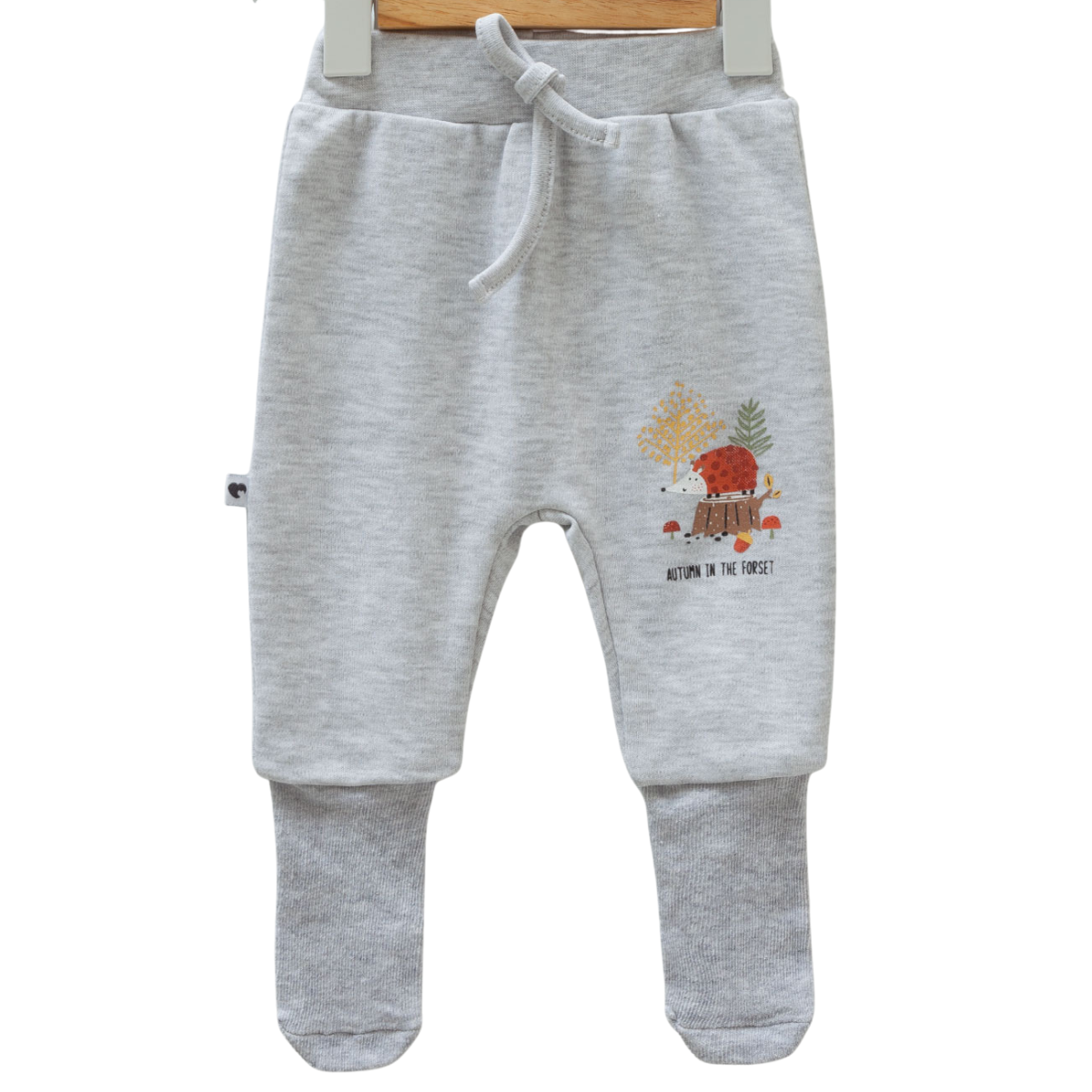 9049 Newborn Boy Pants – Elastic Waistband, Ribbed Cuffs | 100% Medium-Weight Cotton | Print "Autumn Hedgehog Forest" | 0-6 Months | Turkey