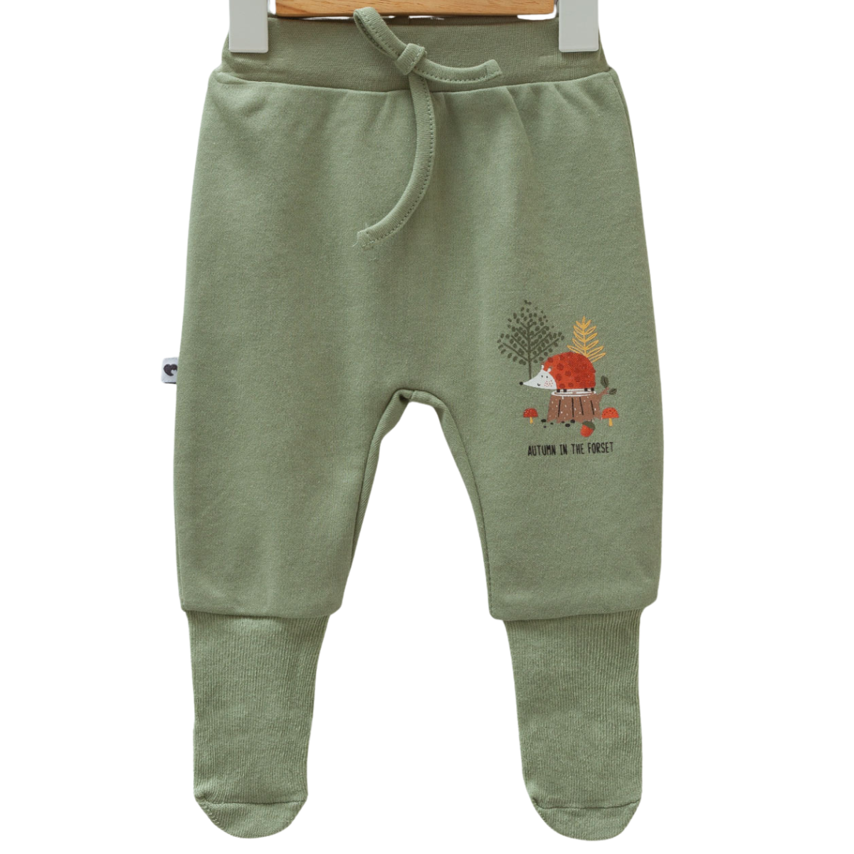 9049 Newborn Boy Pants – Elastic Waistband, Ribbed Cuffs | 100% Medium-Weight Cotton | Print "Autumn Hedgehog Forest" | 0-6 Months | Turkey