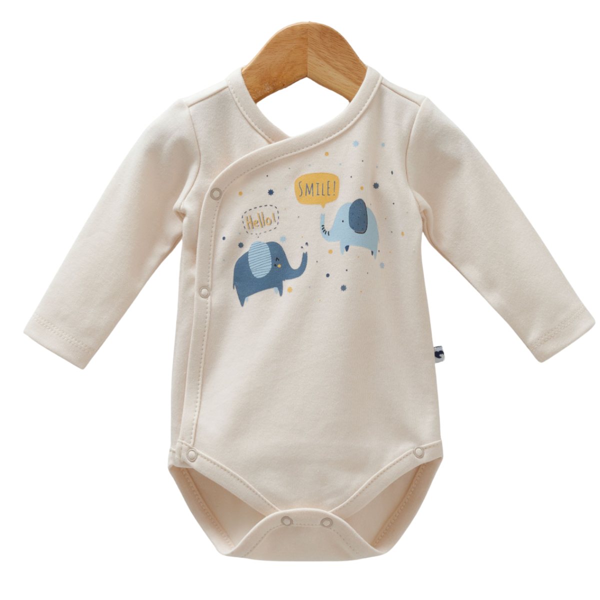 8567 Unisex Newborn Wrap-Around Bodysuit – 100% Cotton, Long-Sleeve with Snaps | Two Elephant Prints | 0-9 Months | Made in Turkey