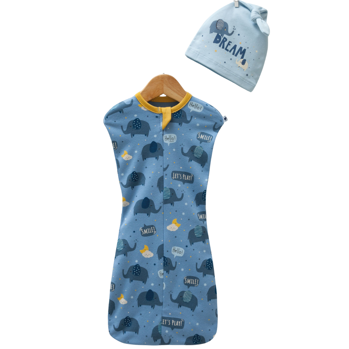 8622 Unisex Newborn Swaddle Sack & Hat Set – Zippered | 100% Cotton | Elephants Print | 0-1 Months | Turkey
