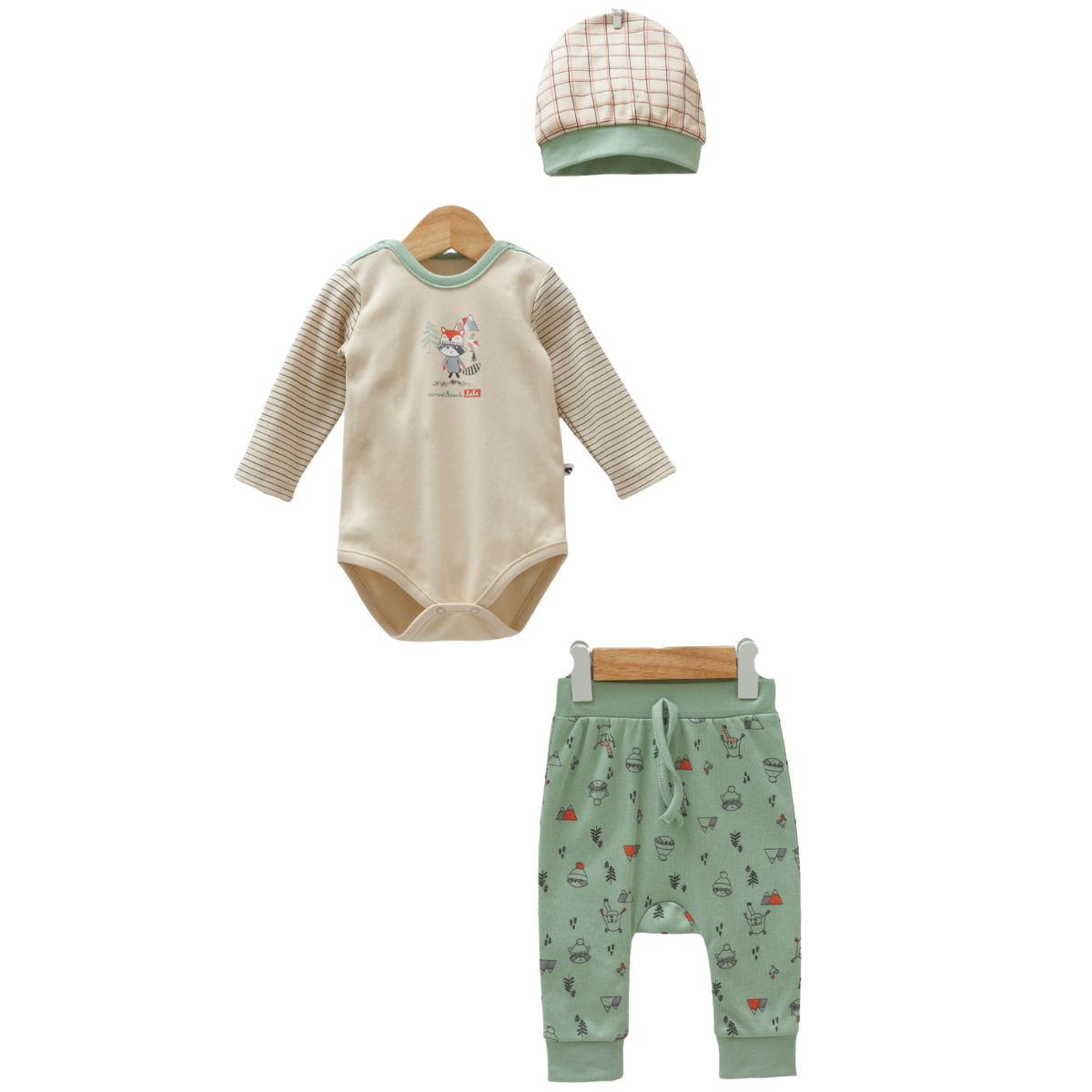 8601 3-Piece Sleepsuit Set for Newborn Boys – Long-Sleeve Bodysuit, Footed Pants, and Beanie Hat | Woodland Friends & Striped Print | 100% Cotton | Size 0-9 Months | Spring-Summer-Early Autumn |Turkey