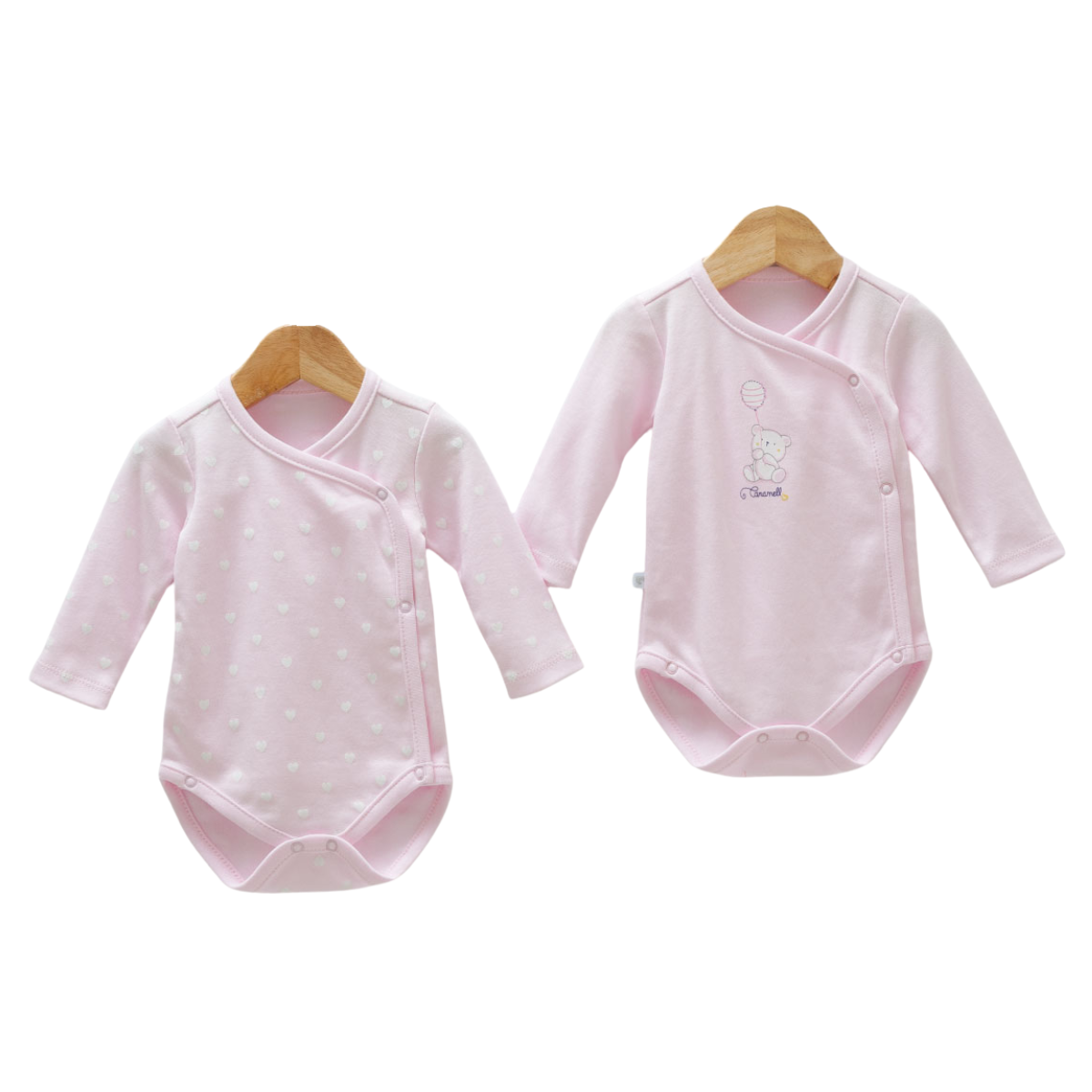 8809 Newborn Girl Bodysuit Set (2-Piece) – Long-Sleeve, Side-Snap (Kimono Style) | 100% Cotton | Prints "Bear with Balloon" and "Hearts/Polka Dots" | Size 0-9 Months | Turkey
