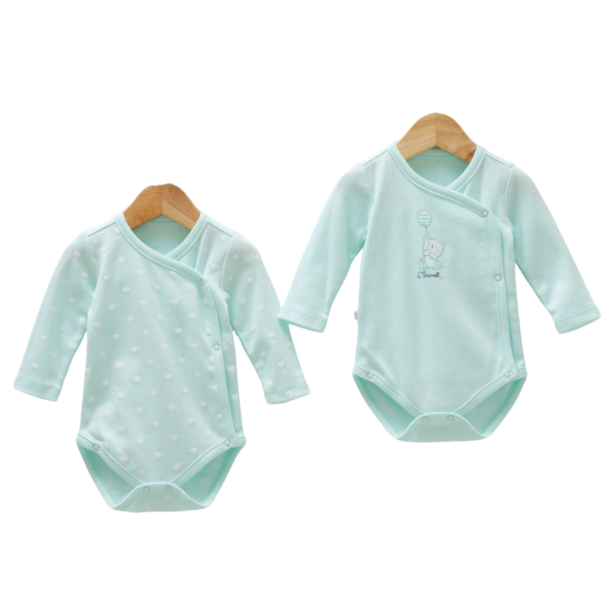 8809 Newborn Girl Bodysuit Set (2-Piece) – Long-Sleeve, Side-Snap (Kimono Style) | 100% Cotton | Prints "Bear with Balloon" and "Hearts/Polka Dots" | Size 0-9 Months | Turkey