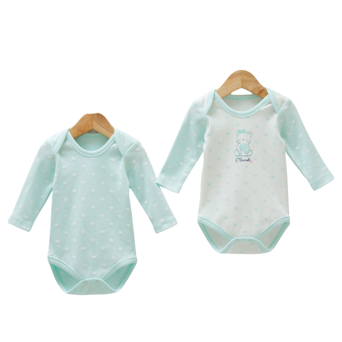 8810 Caramell: 2-Piece Newborn Girl Bodysuit Set – Long-Sleeve, Lap Shoulder | 100% Cotton | Prints "Bear with Balloon (with White Contrast Panel)" and "Hearts/Polka Dots" | Size 0-9 Months | Turkey