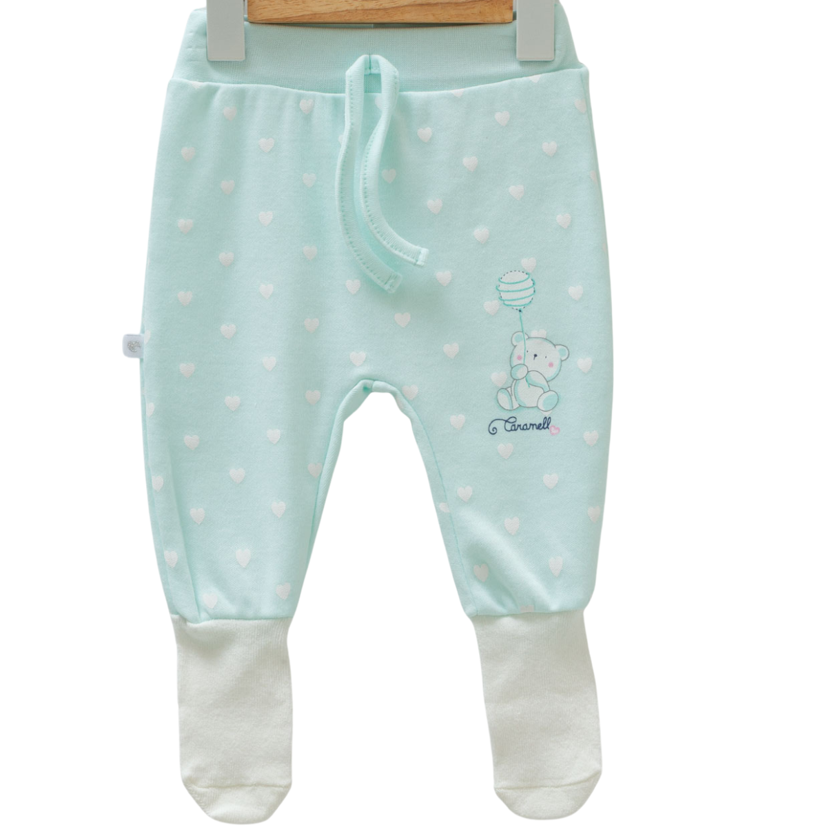 8813 Caramell: Newborn Girl Pants – Pastel Shades, Elastic Waistband, Ribbed Cuffs | 100% Medium-Weight Cotton | Prints Bear and Hearts | Size 0-6 Months | Turkey