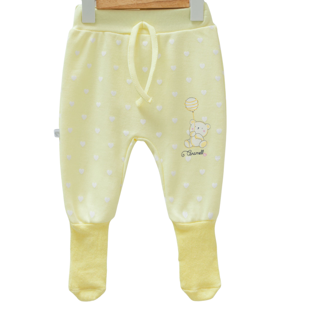 8813 Caramell: Newborn Girl Pants – Pastel Shades, Elastic Waistband, Ribbed Cuffs | 100% Medium-Weight Cotton | Prints Bear and Hearts | Size 0-6 Months | Turkey