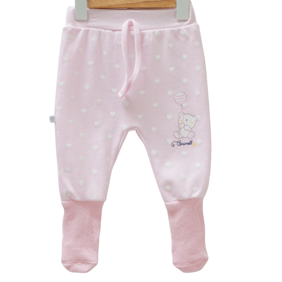 8813 Caramell: Newborn Girl Pants – Pastel Shades, Elastic Waistband, Ribbed Cuffs | 100% Medium-Weight Cotton | Prints Bear and Hearts | Size 0-6 Months | Turkey