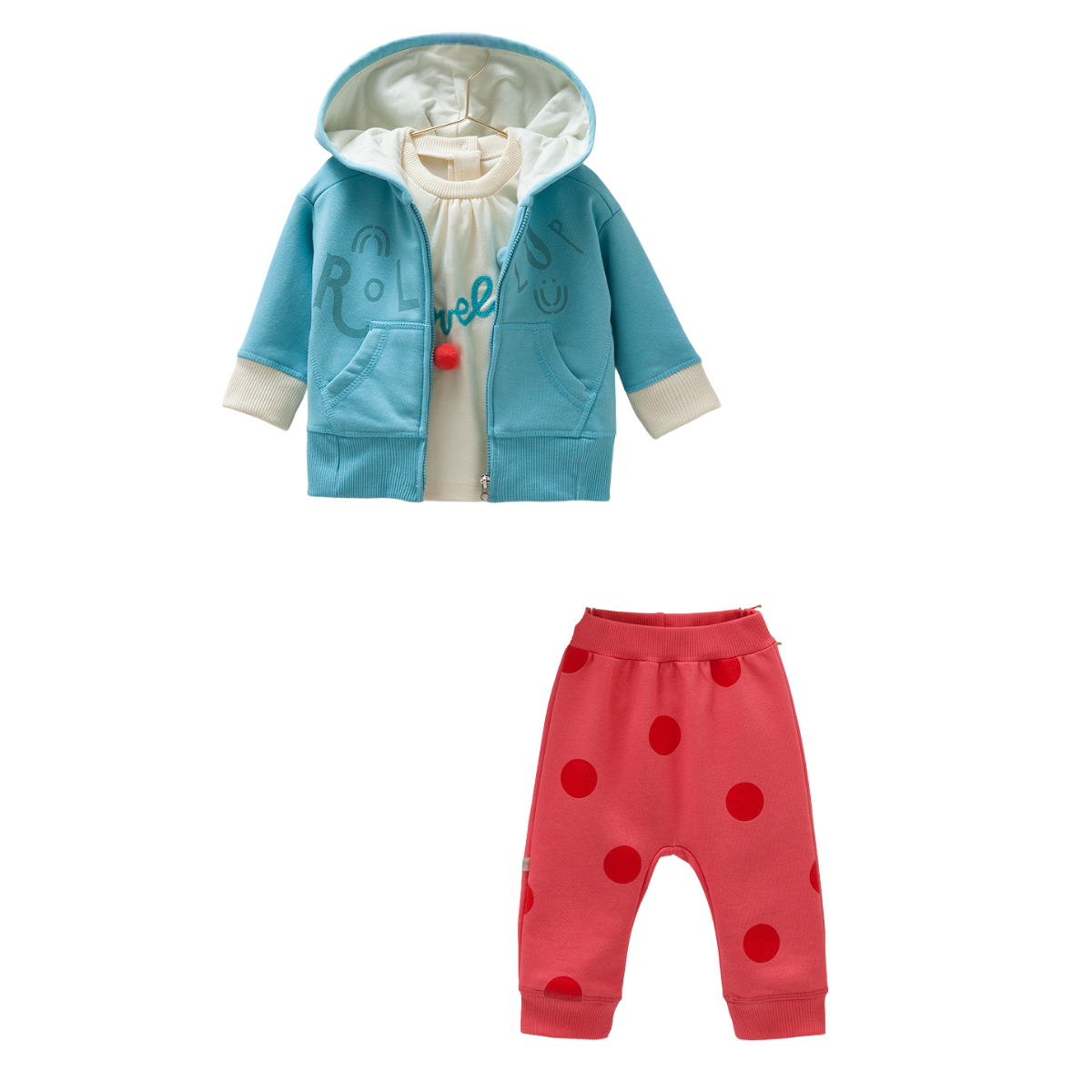 8186 Girls 3-Piece Outfit (Hoodie + Top + Polka-Dot Pants) – 100% Cotton, Zip-Up, Pockets | 3-18 Months | Spring-Autumn | Turkey