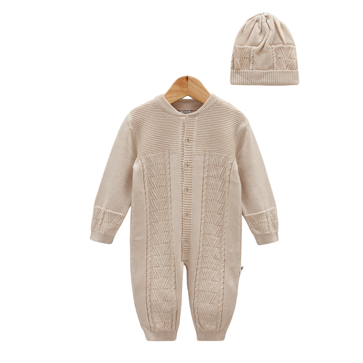 8170 Unisex Knitted Set (Romper + Hat) – 100% Cotton, Front Buttons, Long Sleeve, Open-Foot | Size 1-12 Months | Spring-Summer-Autumn | Turkey