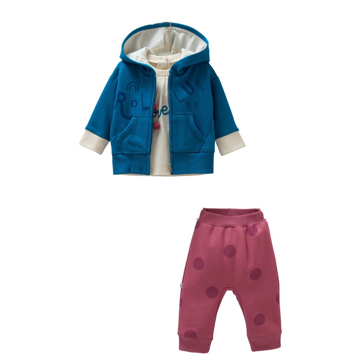 8186 Girls 3-Piece Outfit (Hoodie + Top + Polka-Dot Pants) – 100% Cotton, Zip-Up, Pockets | 3-18 Months | Spring-Autumn | Turkey