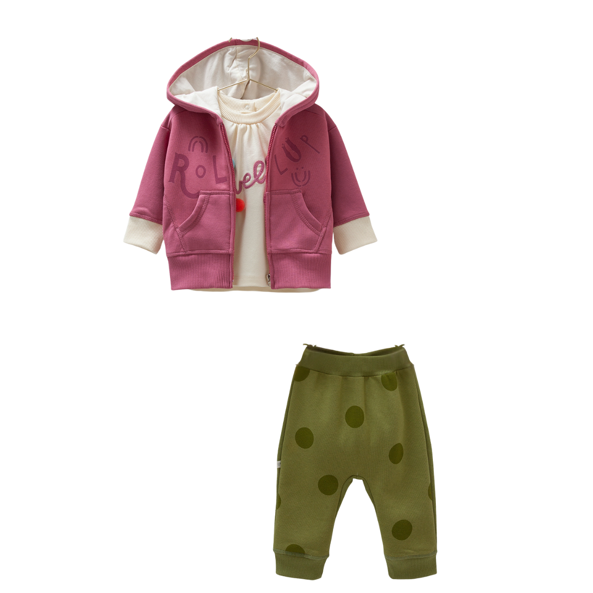 8186 Girls 3-Piece Outfit (Hoodie + Top + Polka-Dot Pants) – 100% Cotton, Zip-Up, Pockets | 3-18 Months | Spring-Autumn | Turkey