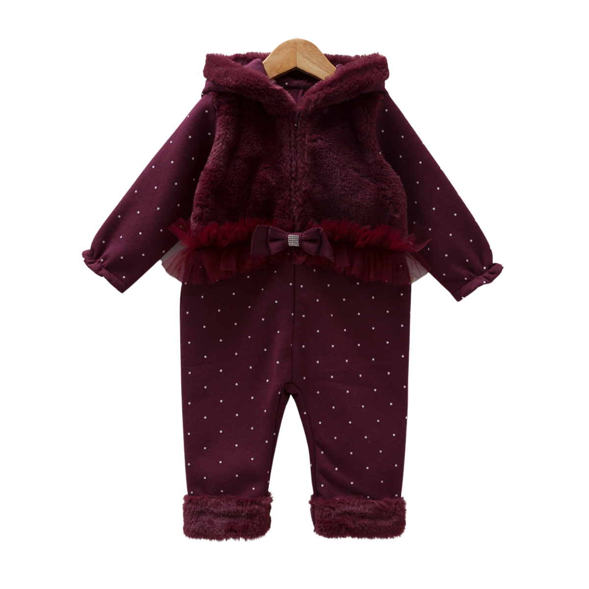 8188 Girls' Autumn Romper with Faux Plush Vest & Tulle Bow | Polka Dot, Hooded, Zipper | 3-18 Months | Turkey