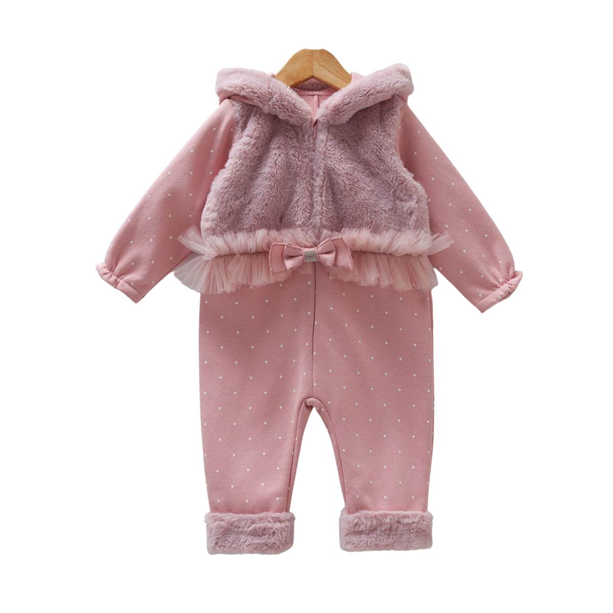 8188 Girls' Autumn Romper with Faux Plush Vest & Tulle Bow | Polka Dot, Hooded, Zipper | 3-18 Months | Turkey