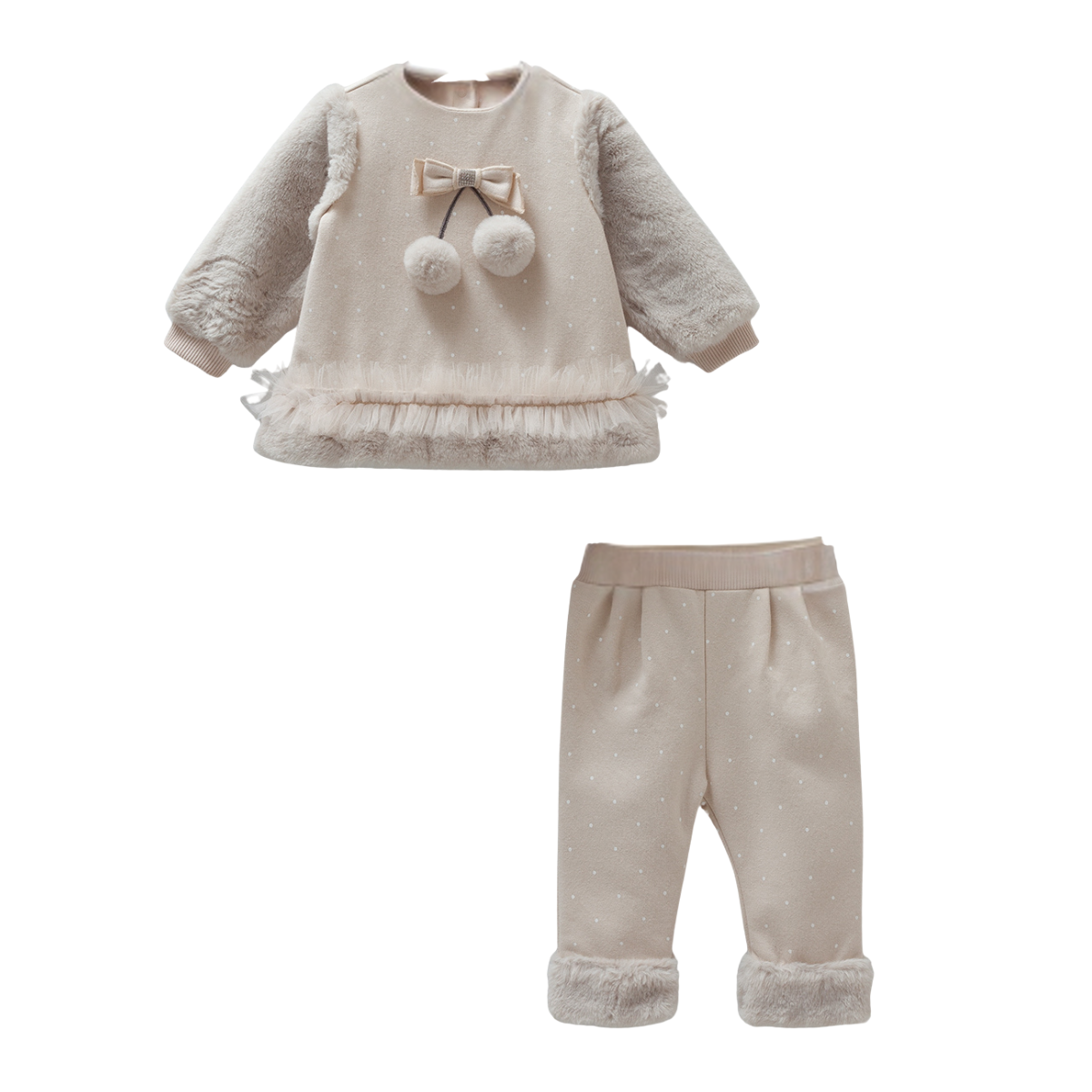8189 Girls' 100% Cotton Plush 2-Piece Outfit – Faux Fur Top & Polka Dot Pants | Autumn Baby Set | 3-12 Months | Turkey