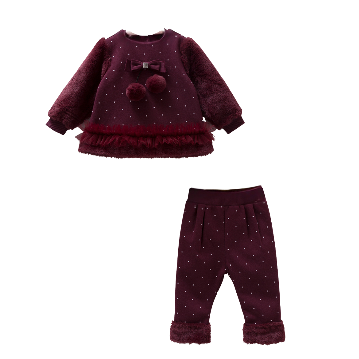 8189 Girls' 100% Cotton Plush 2-Piece Outfit – Faux Fur Top & Polka Dot Pants | Autumn Baby Set | 3-12 Months | Turkey