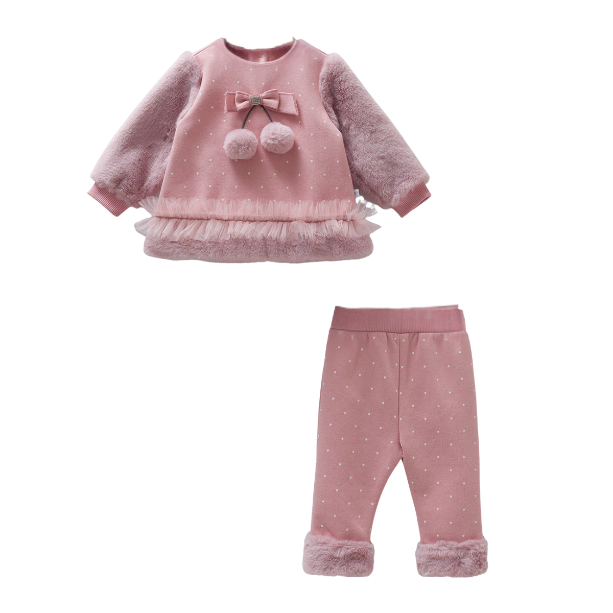 8189 Girls' 100% Cotton Plush 2-Piece Outfit – Faux Fur Top & Polka Dot Pants | Autumn Baby Set | 3-12 Months | Turkey