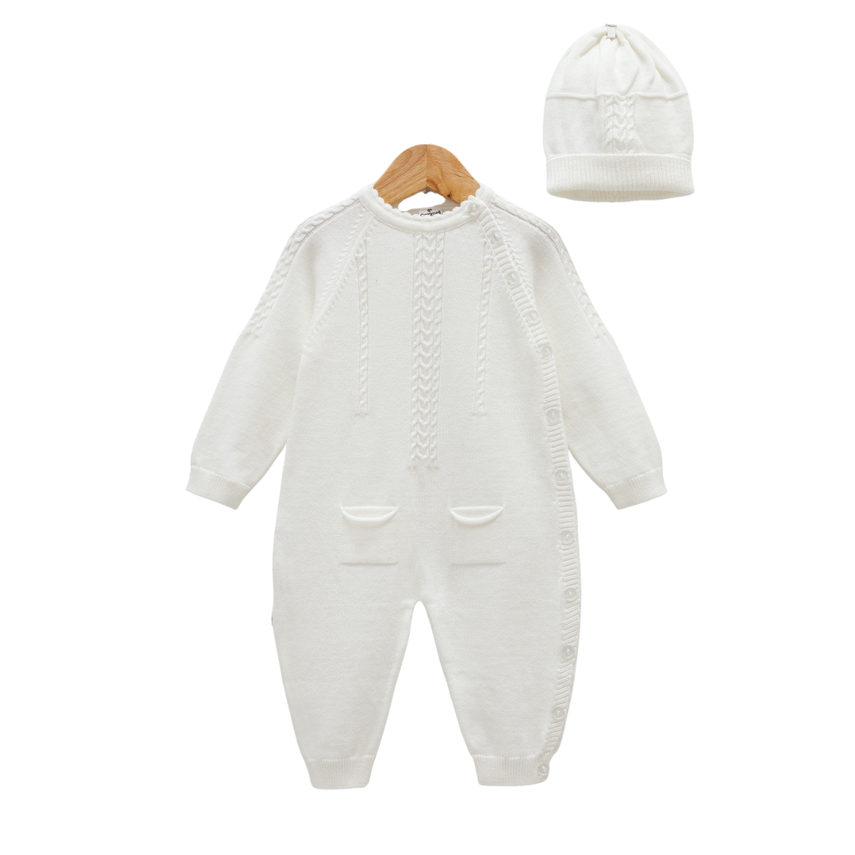 8283 Unisex 100% Cotton Knitted Romper & Hat Set – Side Buttons, Front Pockets, Long Sleeve, Open-Foot | Size 1-12 Months| Spring-Summer-Autumn | Made in Turkey