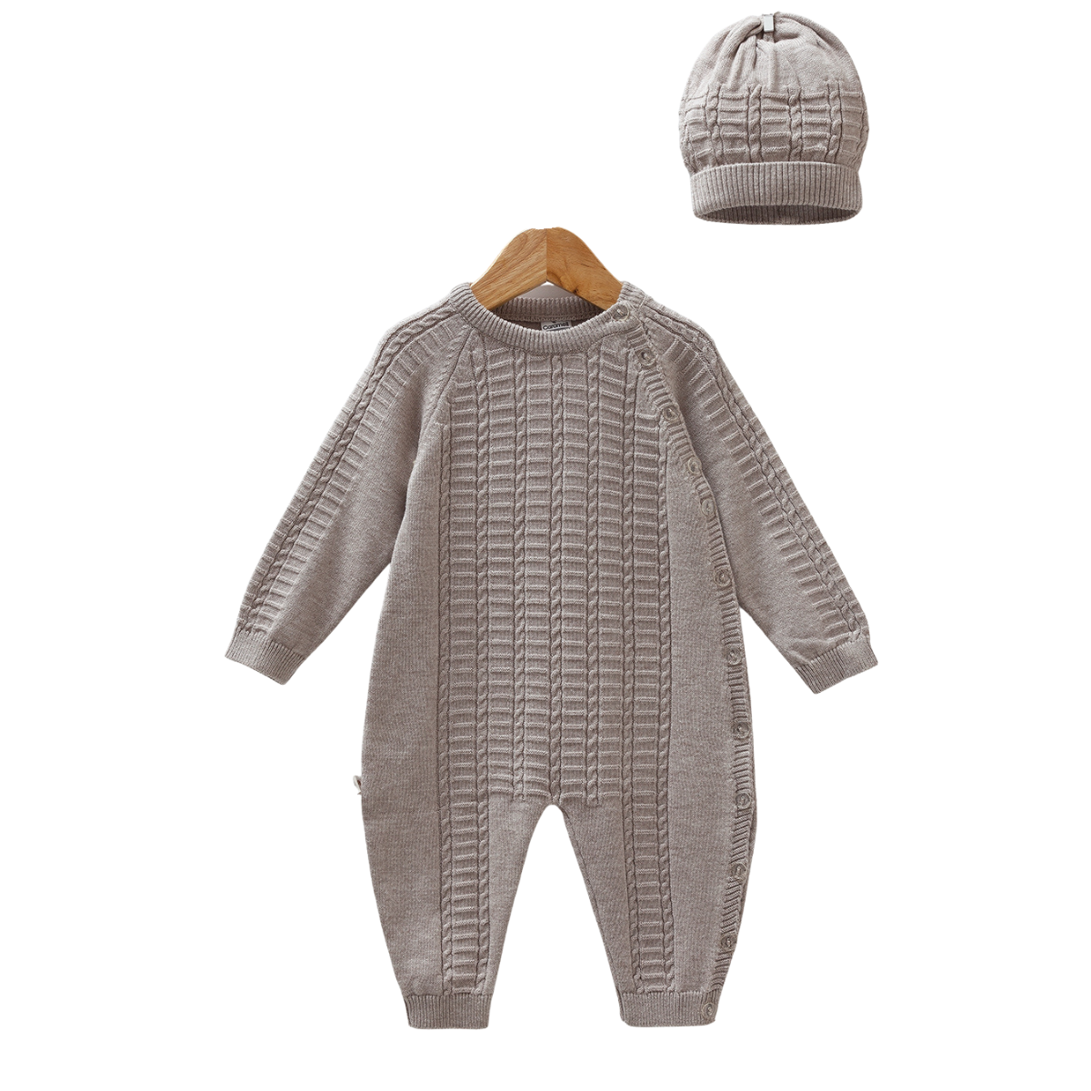 8339 Unisex 100% Cotton Knitted Romper & Hat Set – Side Buttons, Long Sleeve, Open-Foot | Size 1-12 Months | Spring-Summer-Autumn | Made in Turkey