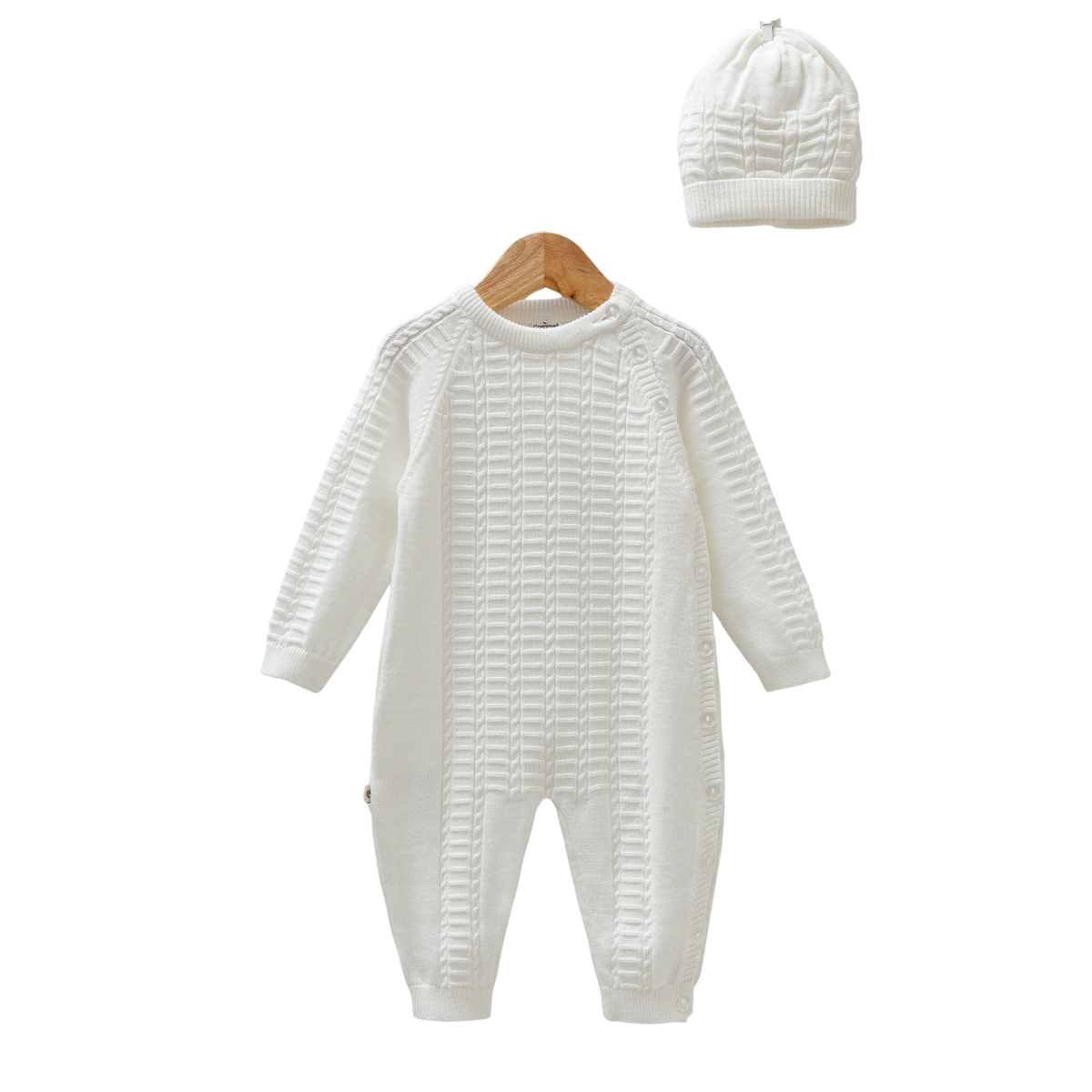 8339 Unisex 100% Cotton Knitted Romper & Hat Set – Side Buttons, Long Sleeve, Open-Foot | Size 1-12 Months | Spring-Summer-Autumn | Made in Turkey