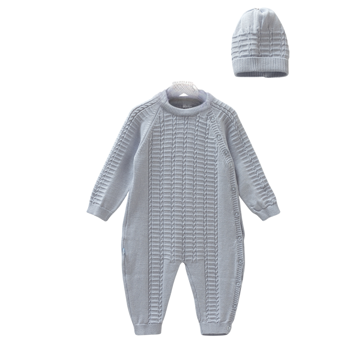 8339 Unisex 100% Cotton Knitted Romper & Hat Set – Side Buttons, Long Sleeve, Open-Foot | Size 1-12 Months | Spring-Summer-Autumn | Made in Turkey